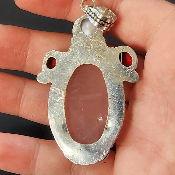 Rose Quartz & Pearl Sterling Silver Pendant Necklace with Red Jasper - Picture 6 of 12